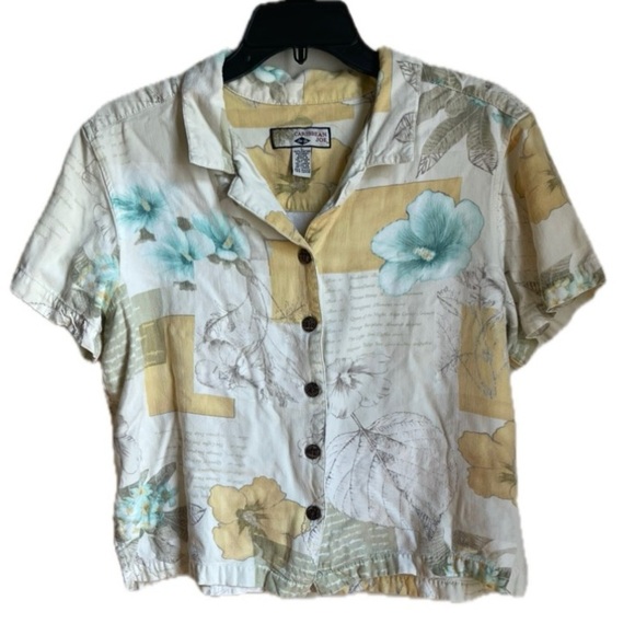 Caribbean Joe Tropical Beige Green Button Front Short Sleeve Blouse Top Large - Picture 1 of 5